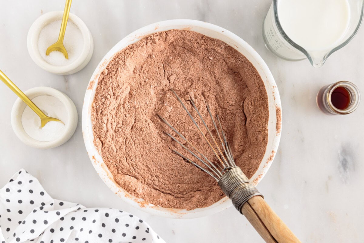 cocoa powder, granulated sugar, baking soda, and salt whisked in a bowl