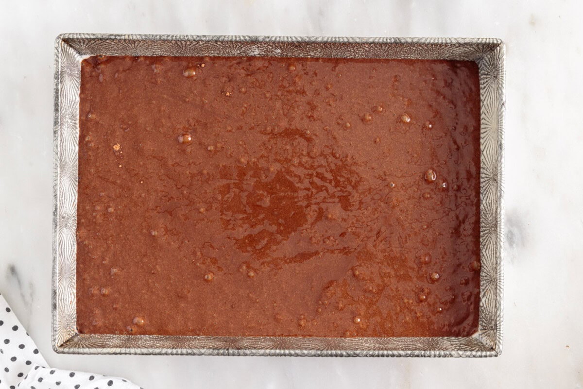 chocolate mayonnaise cake batter in a baking dish