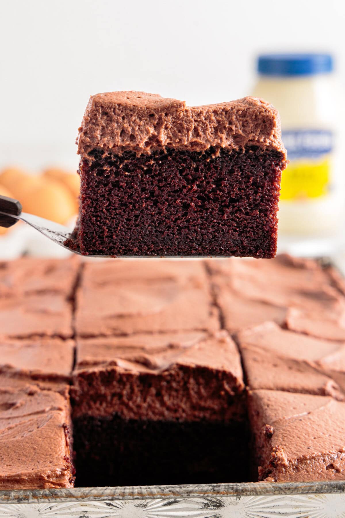 spatula lifting a piece of Mayonnaise Cake
