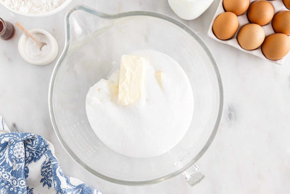 shortening, sugar, and butter in a mixing bowl