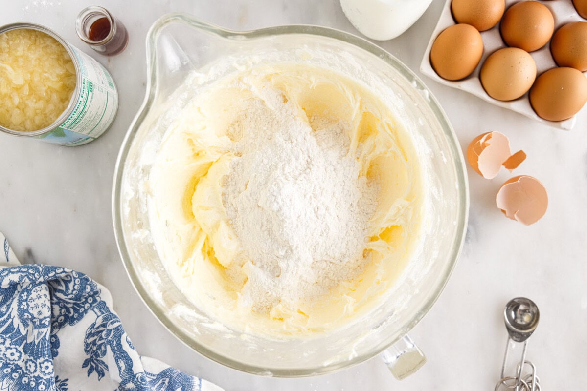 flour mixture added to shortening mixture in a bowl