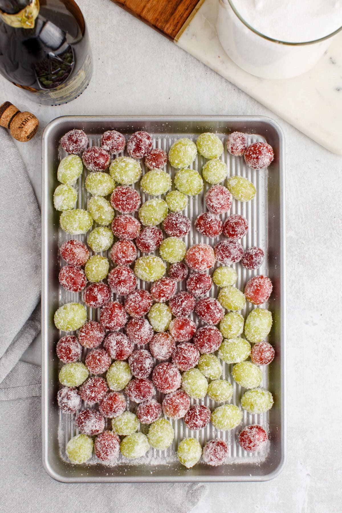 sugared vodka grapes on a baking sheet