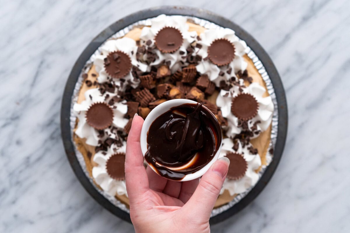 hot fudge over Reese's pie