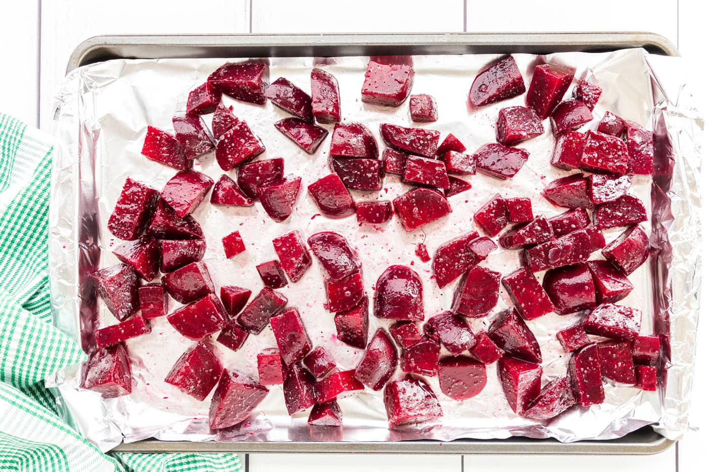 chopped beets on a roasting pan