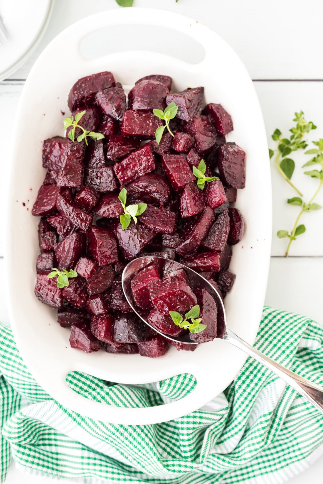 dish of Roasted Beets with spoon