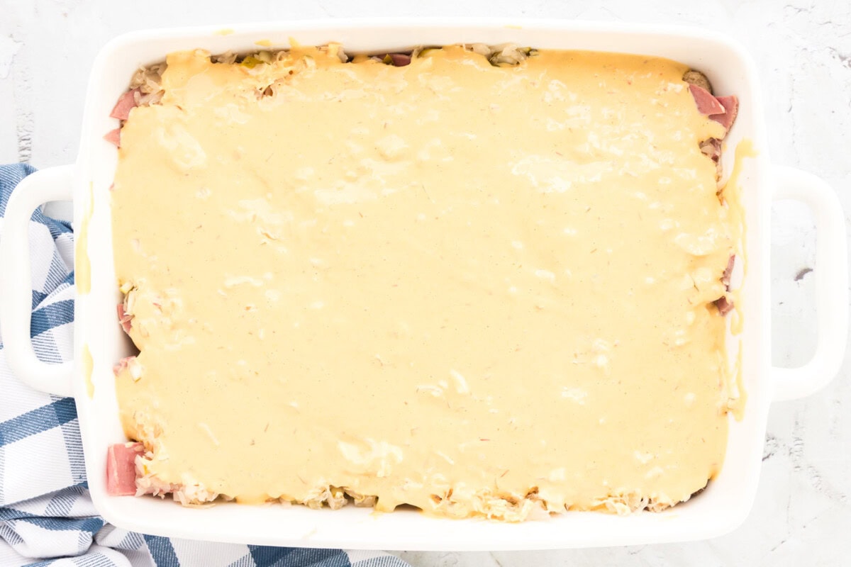 thousand island dressing layered on top of reuben casserole