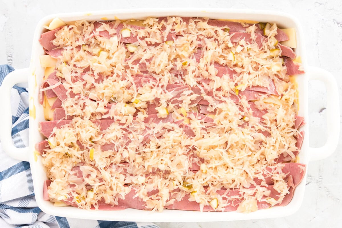 sauerkraut and pickle layer on top of reuben casserole