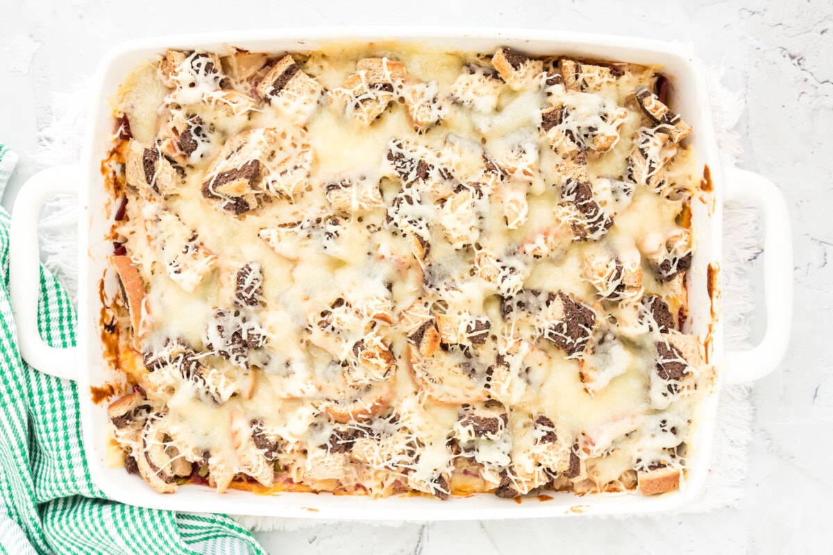 Reuben casserole in a baking dish
