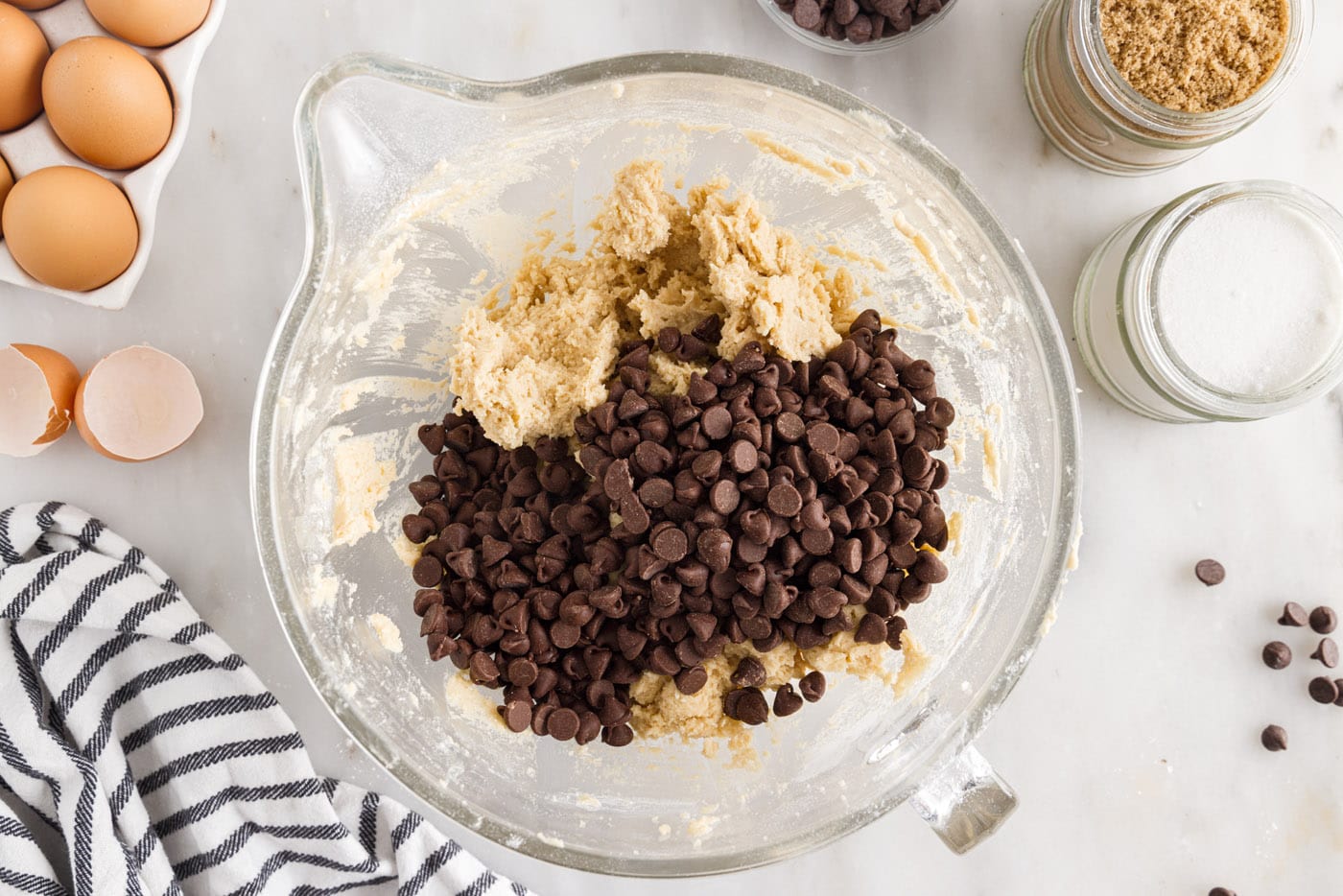 chocolate chips on top of cookie dough