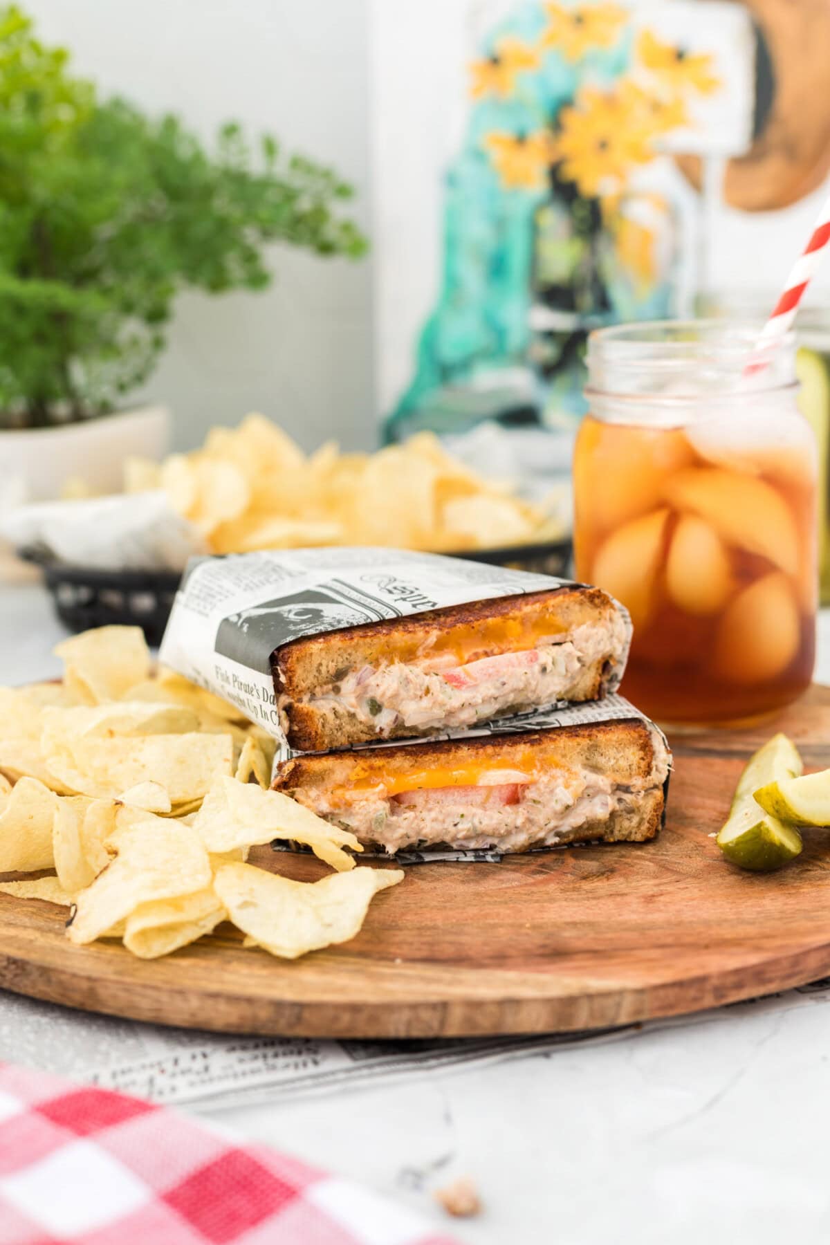 Tuna Melt wrapped in newsprint parchment