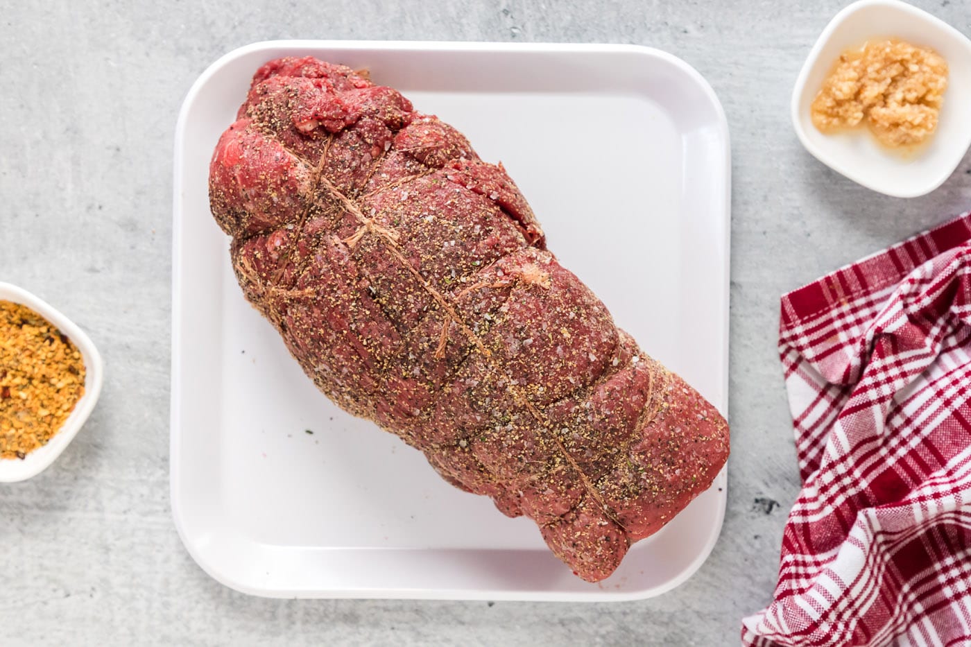 seasoned beef tenderloin wrapped in butchers twine