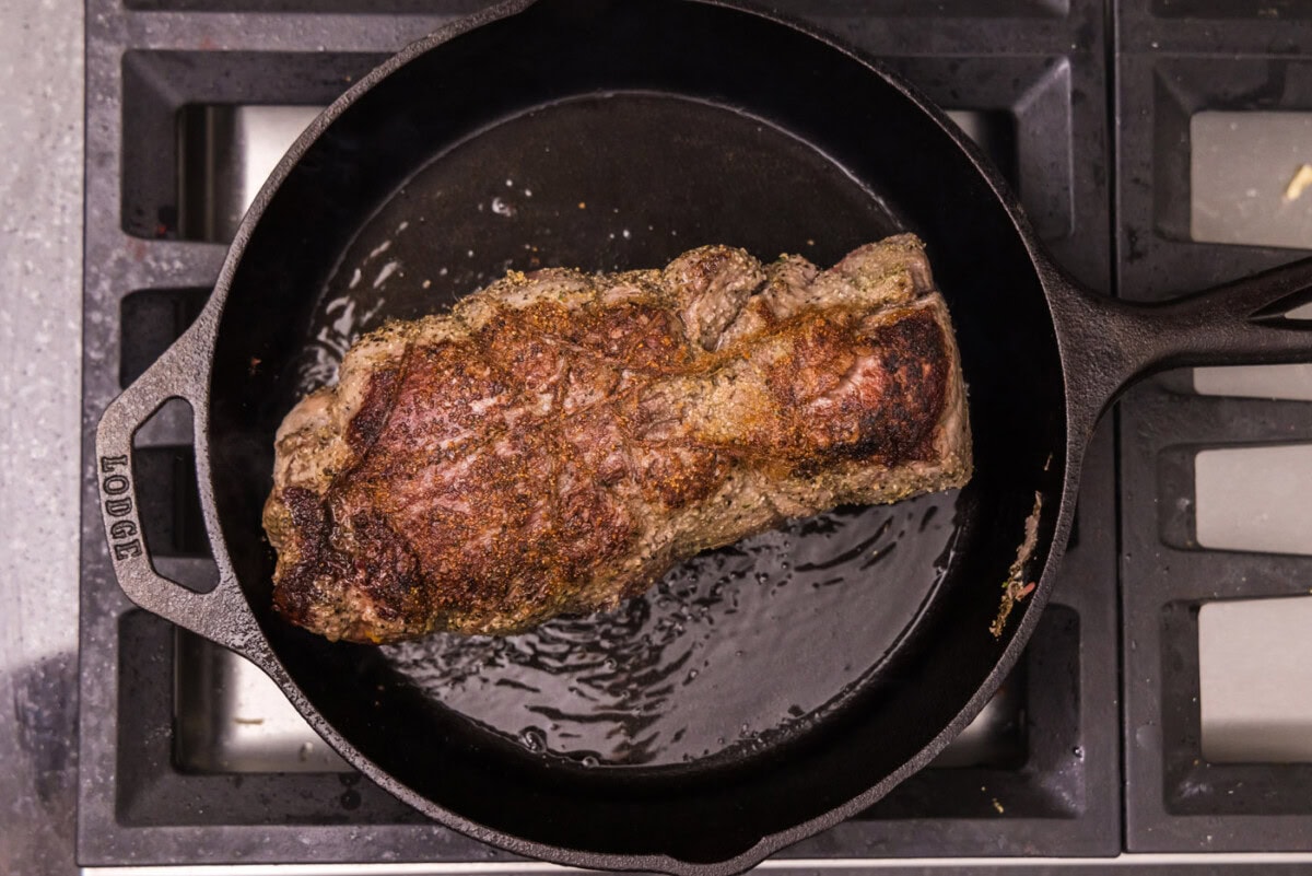 seared beef tenderloin in a skillet