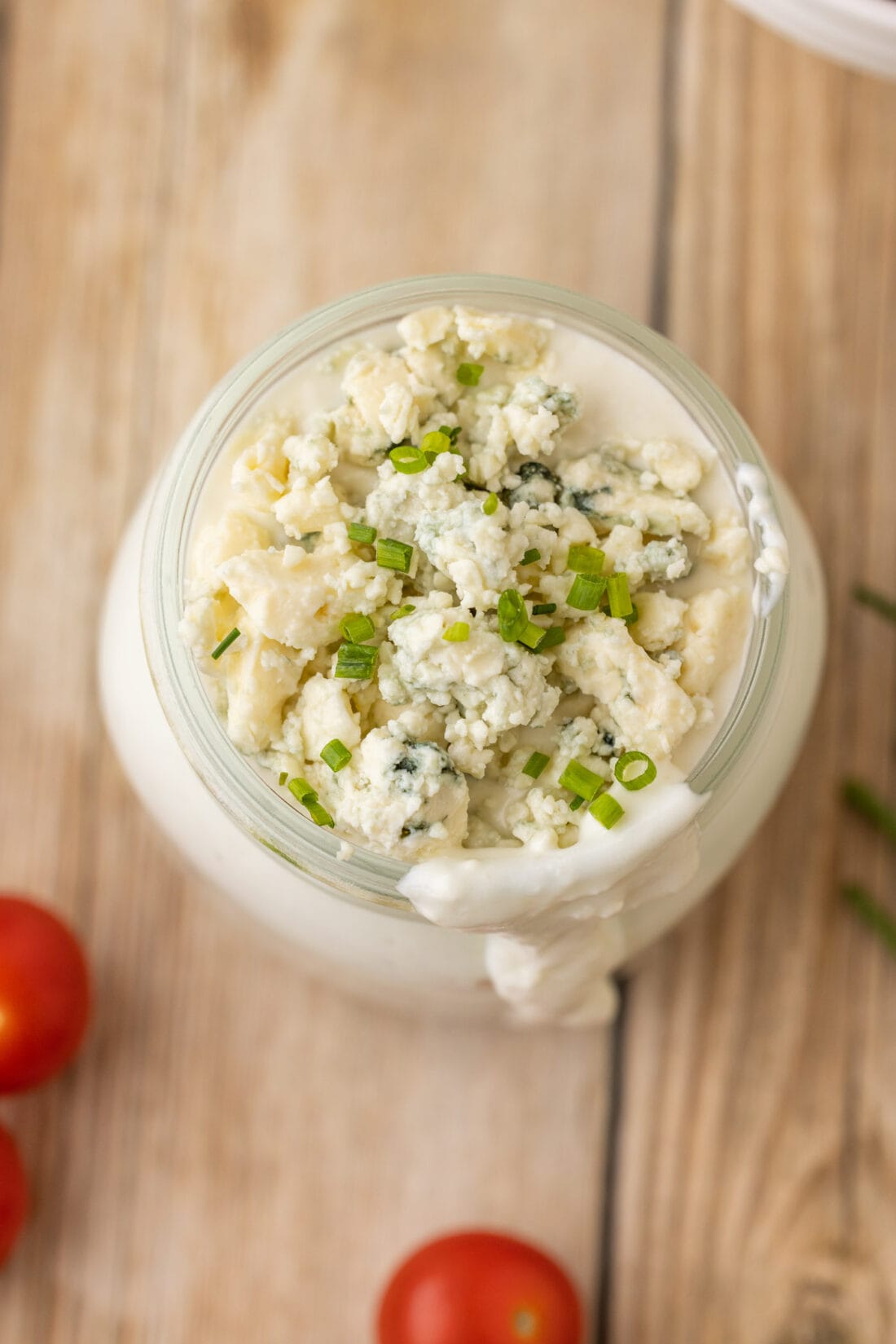 overhead photo of Blue Cheese Dressing in jar