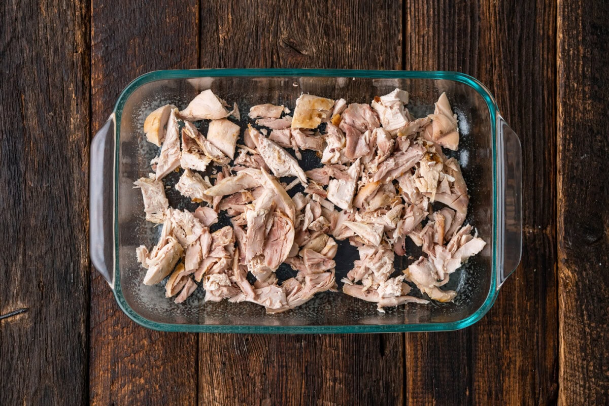 shredded chicken in casserole dish
