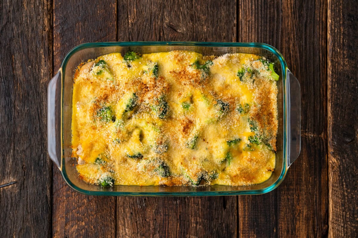 baked overhead shot of chicken divan casserole