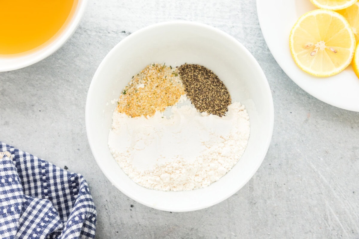 flour mixture in bowl for dredging chicken