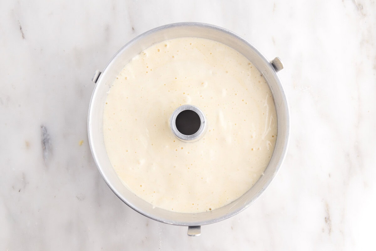chiffon cake batter in a tube pan
