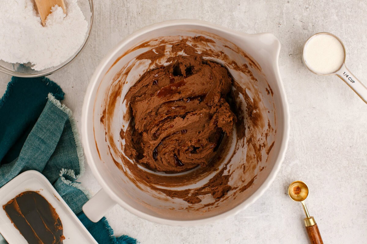 chocolate buttercream frosting in mixer bowl