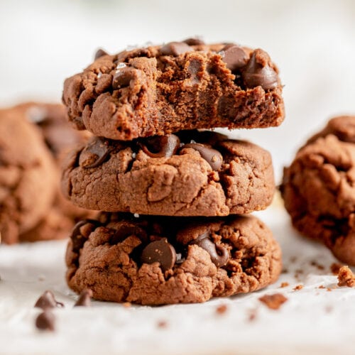 Chocolate Cake Mix Cookies in a stack