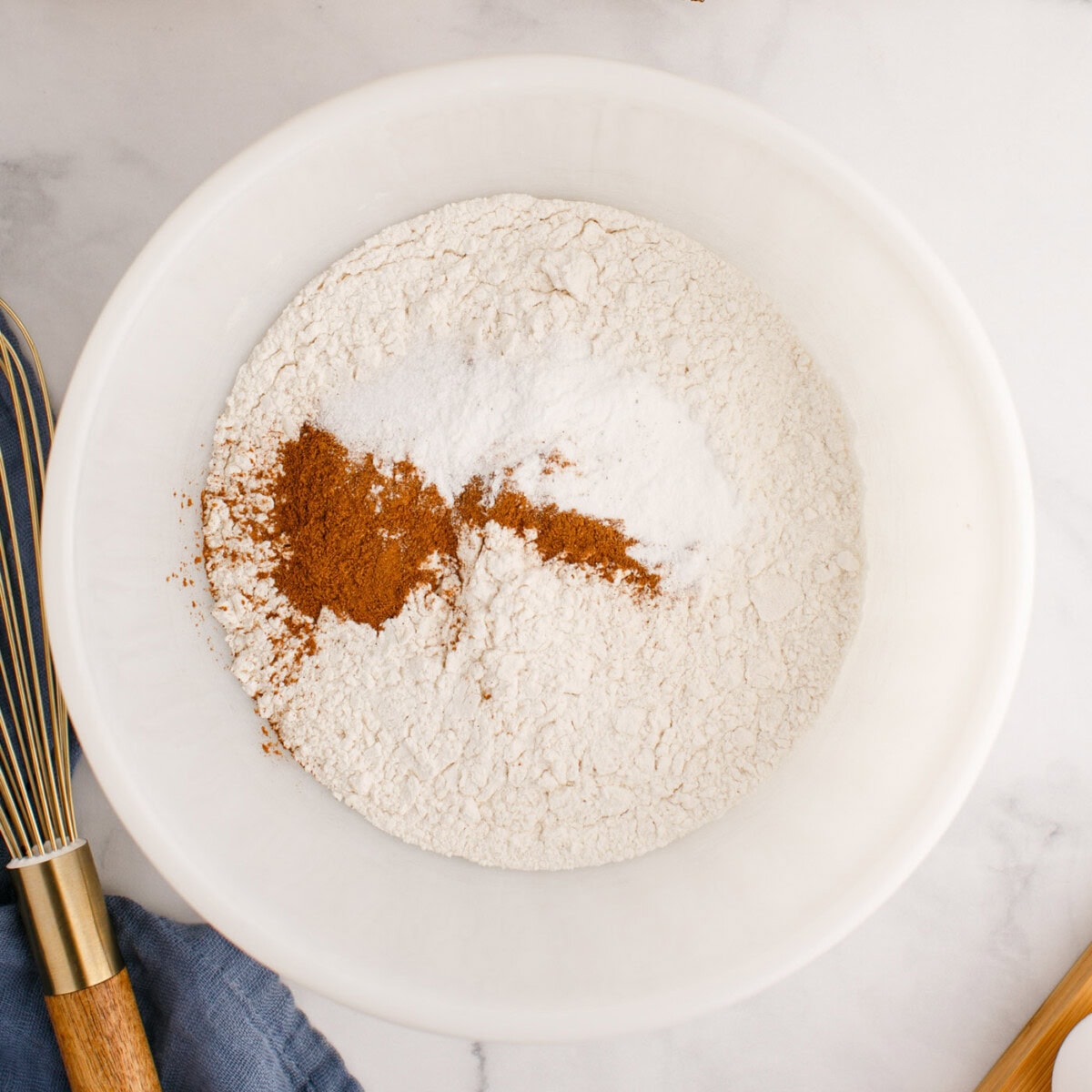 flour, baking powder, salt, and cinnamon in a bowl