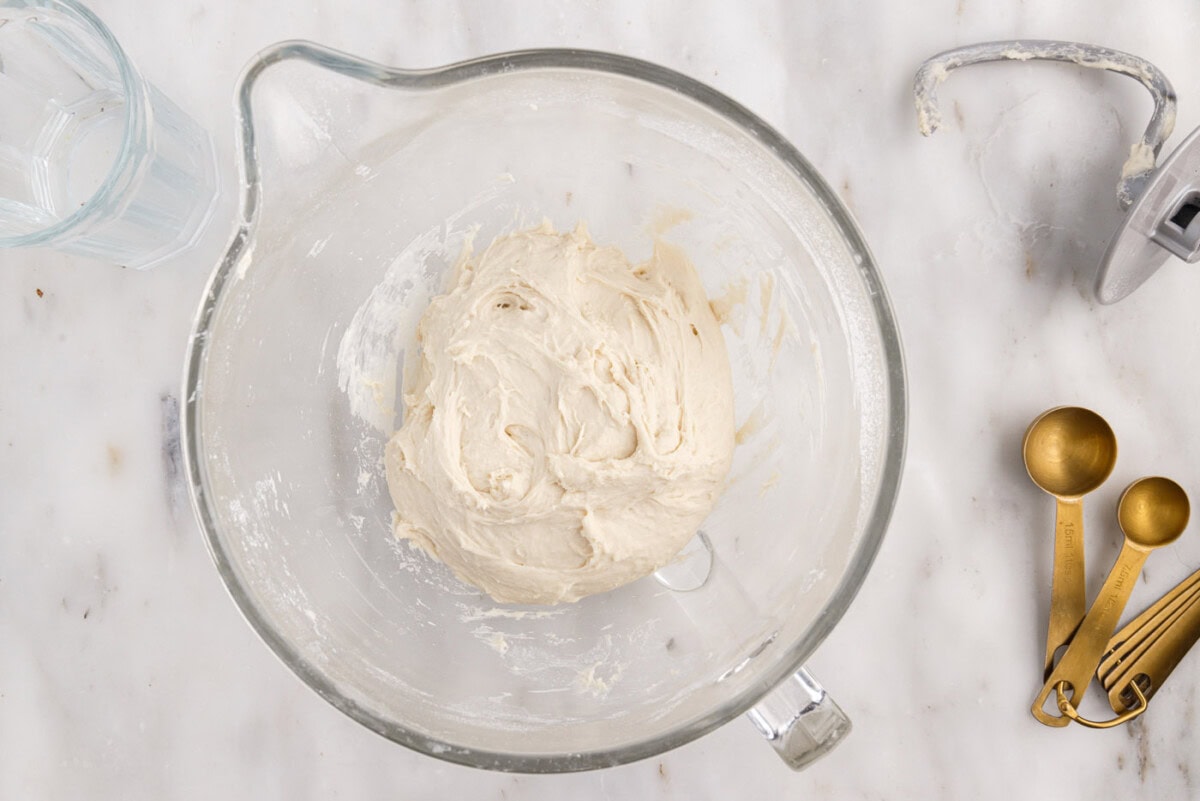 bread dough in stand mixer bowl