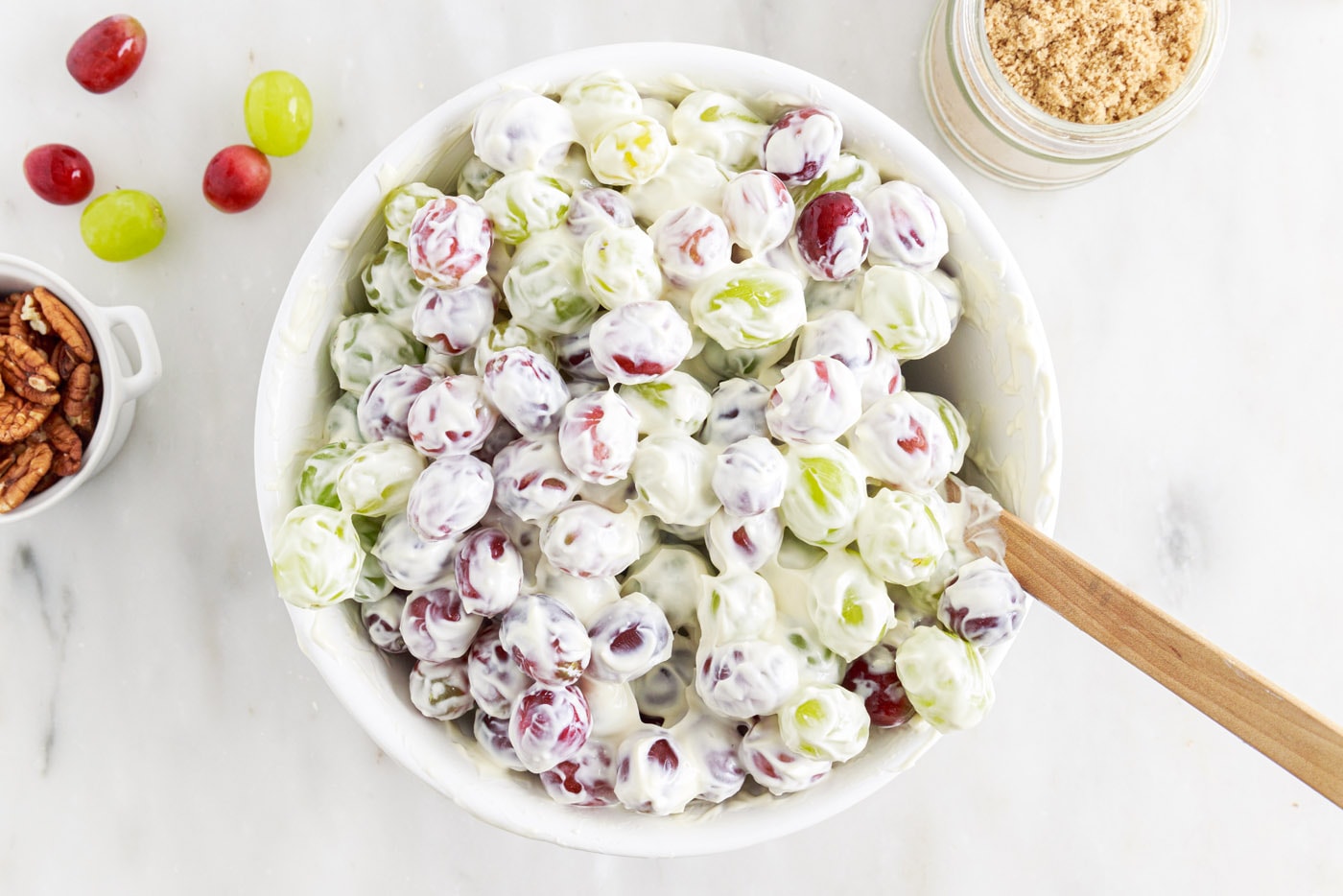 creamy grape salad in a bowl