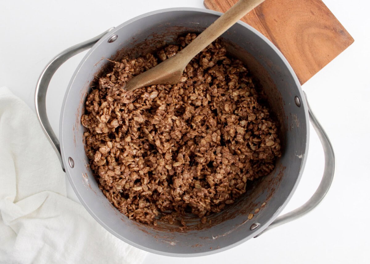 hot chocolate rice krispie treats in a saucepan