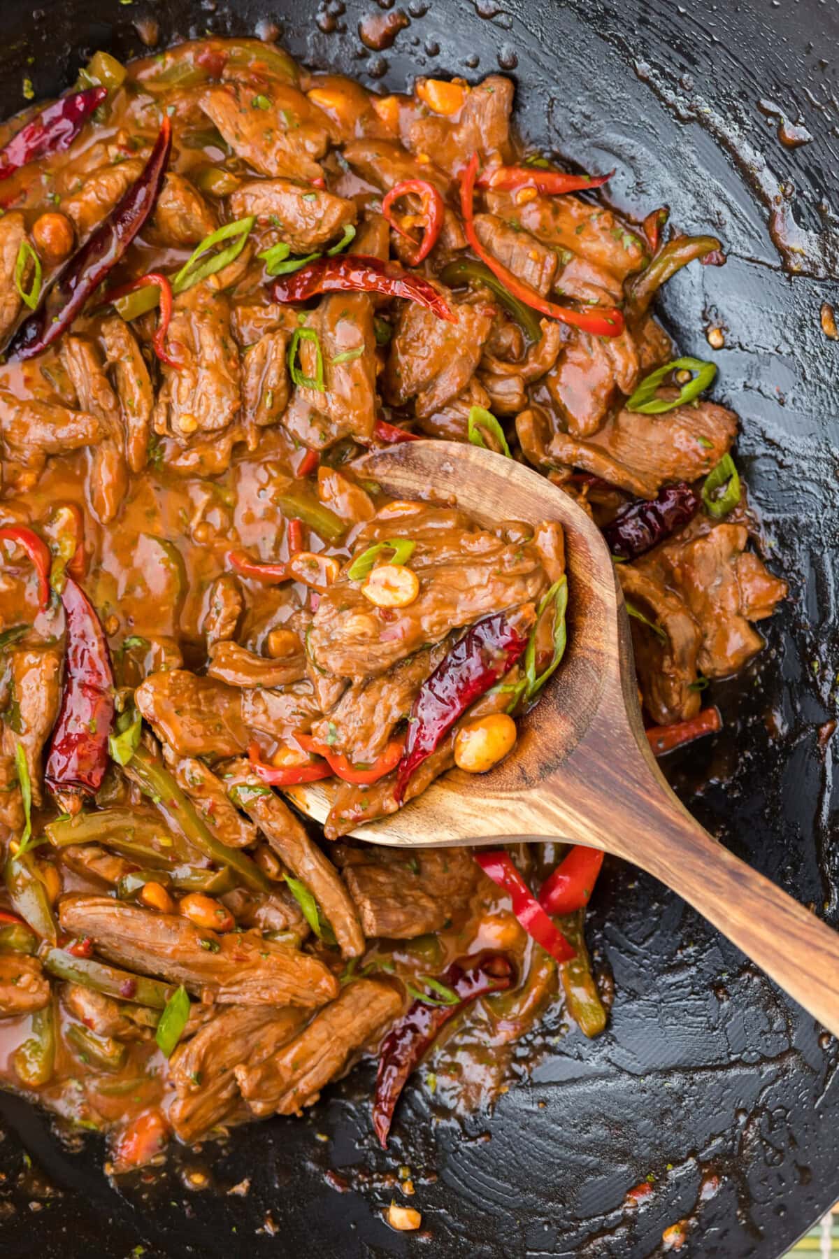 Kung Pao Beef in a wok