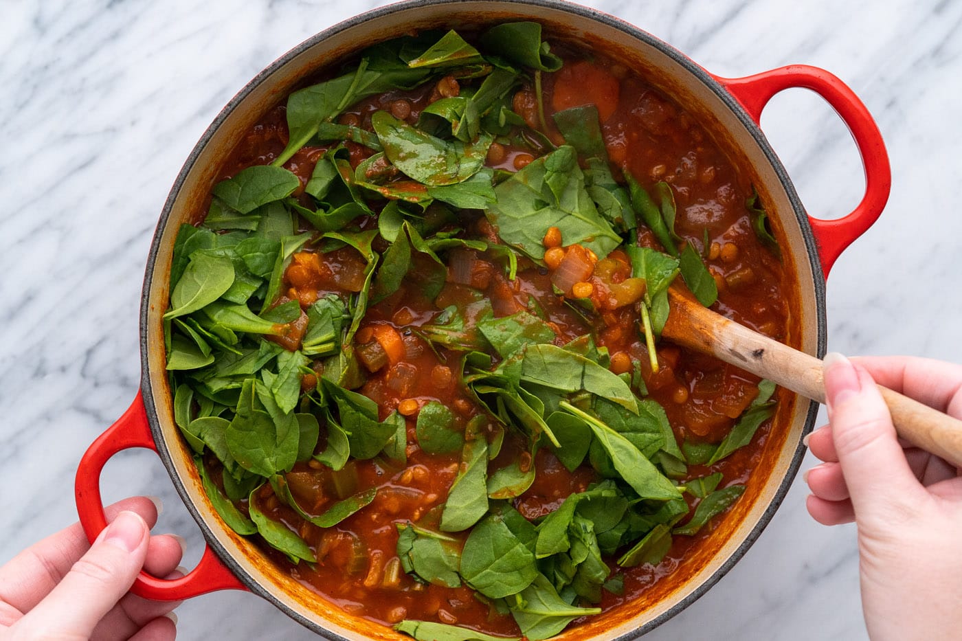 baby spinach in lentil soup