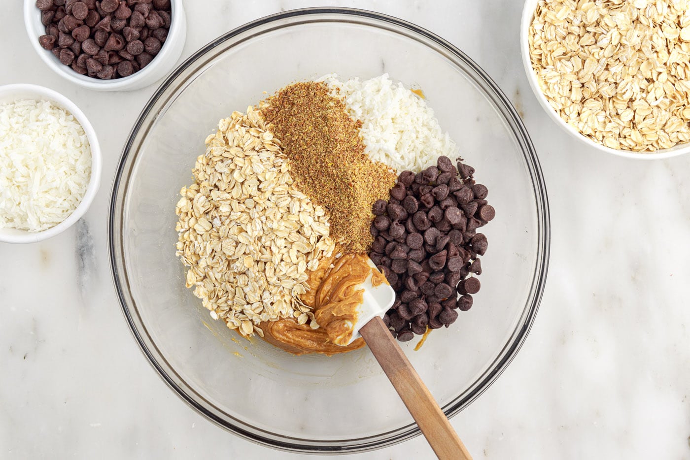 no bake energy ball ingredients in a mixing bowl