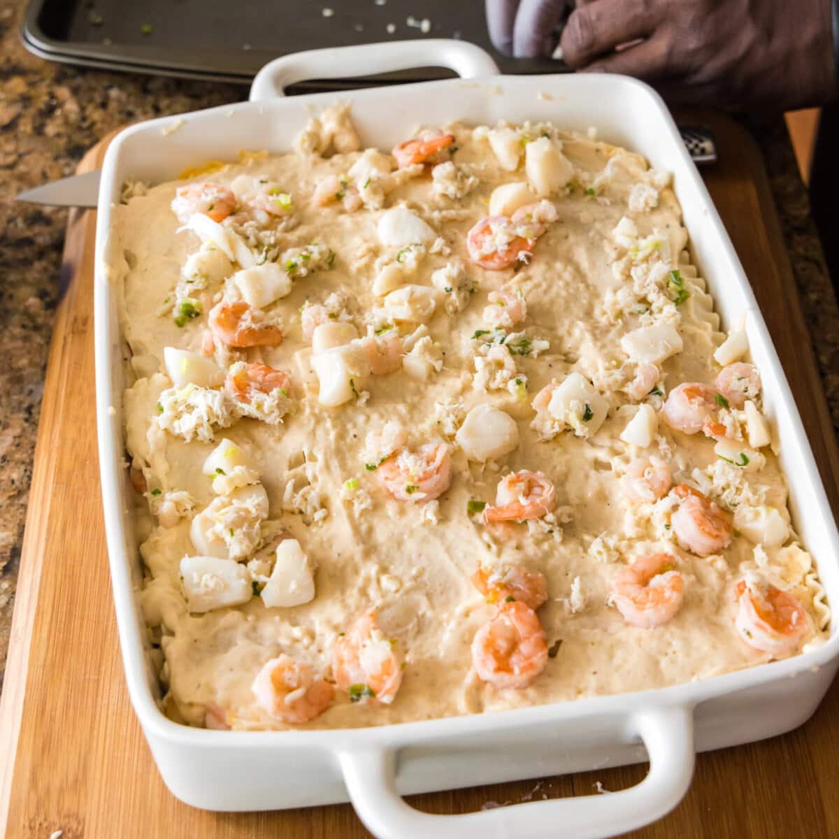 seafood lasagna in baking dish