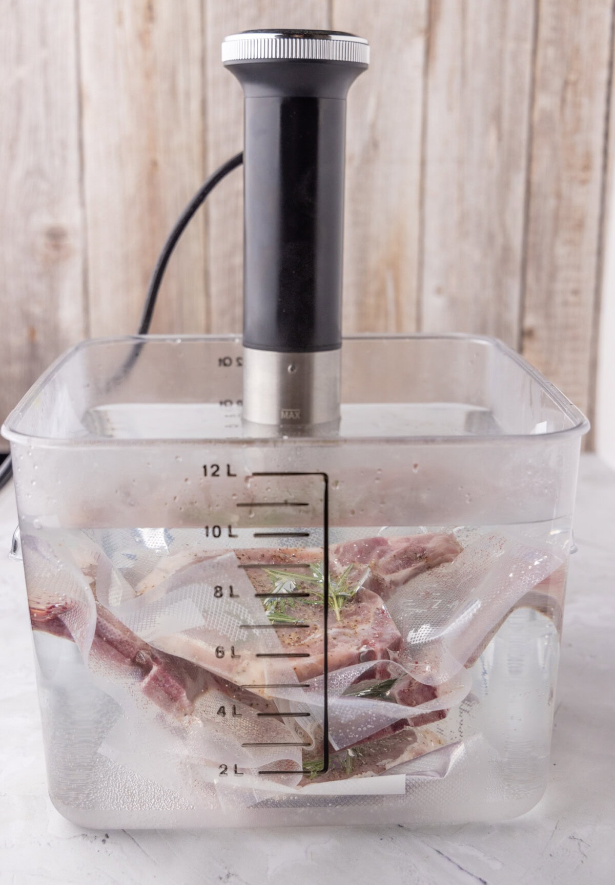 sous vide pork chops in water container