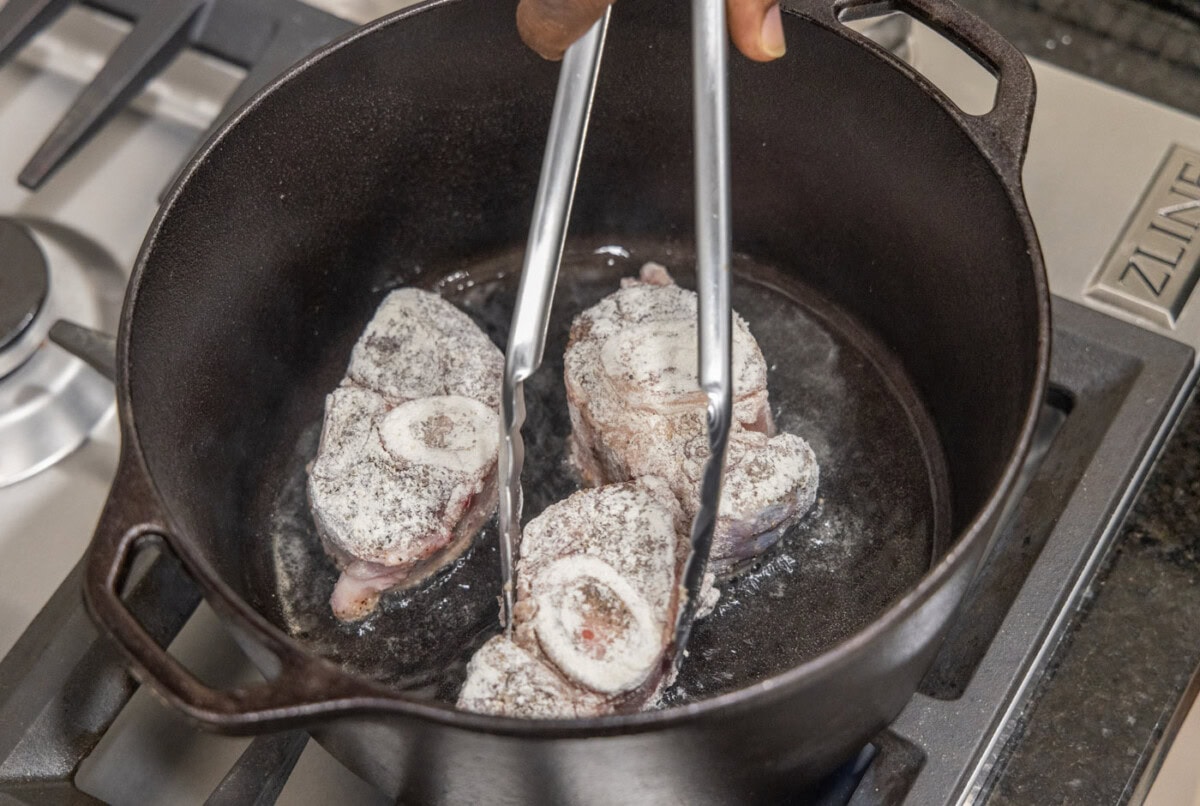 searing veal shanks in a dutch oven