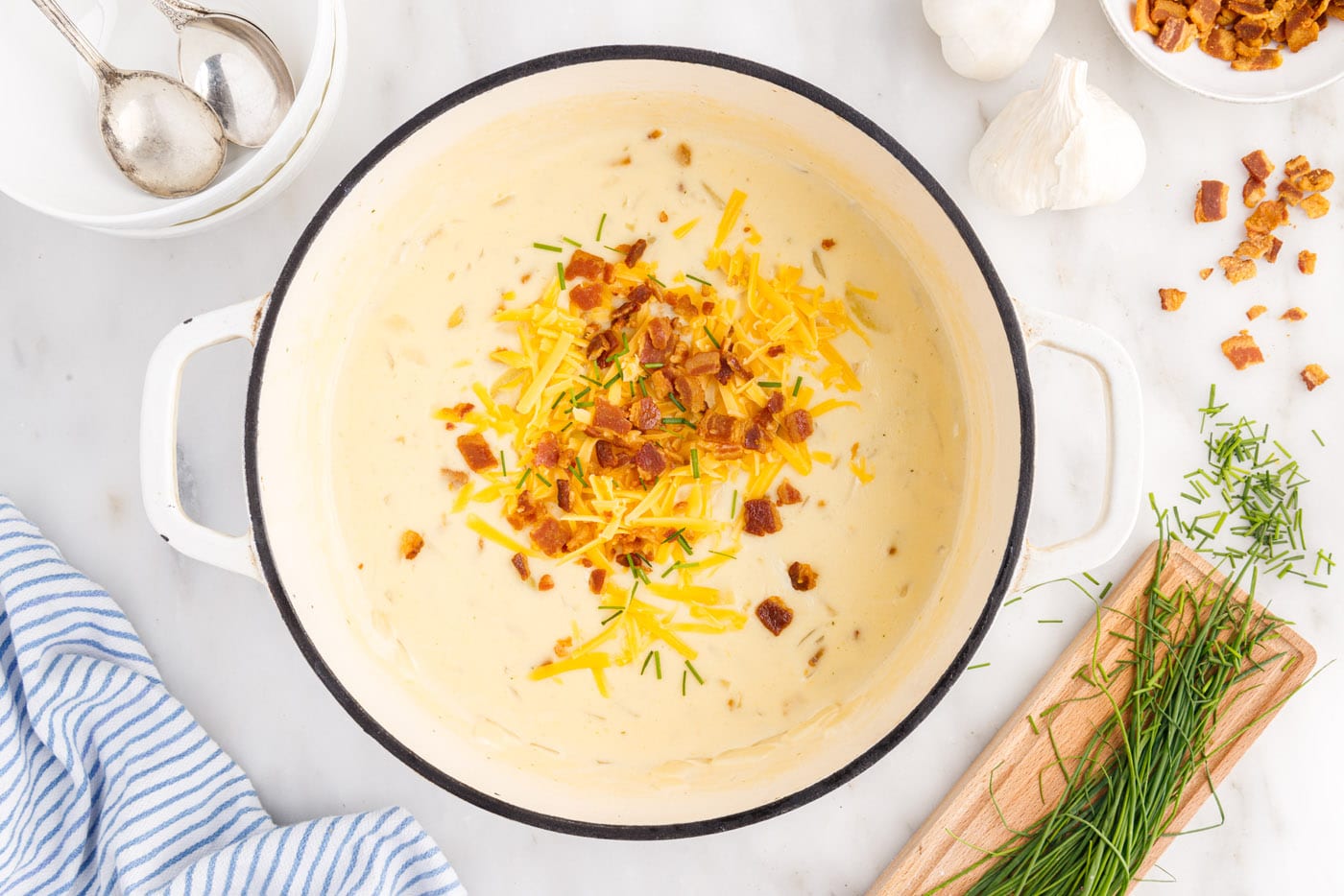 loaded baked potato soup in a stockpot