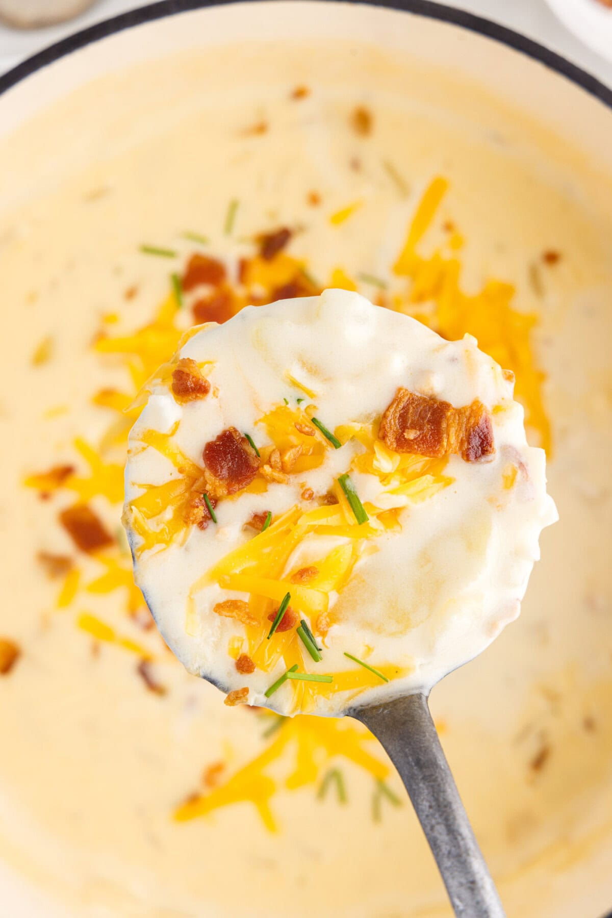 Ladle of Baked Potato Soup over a pot of Baked Potato Soup