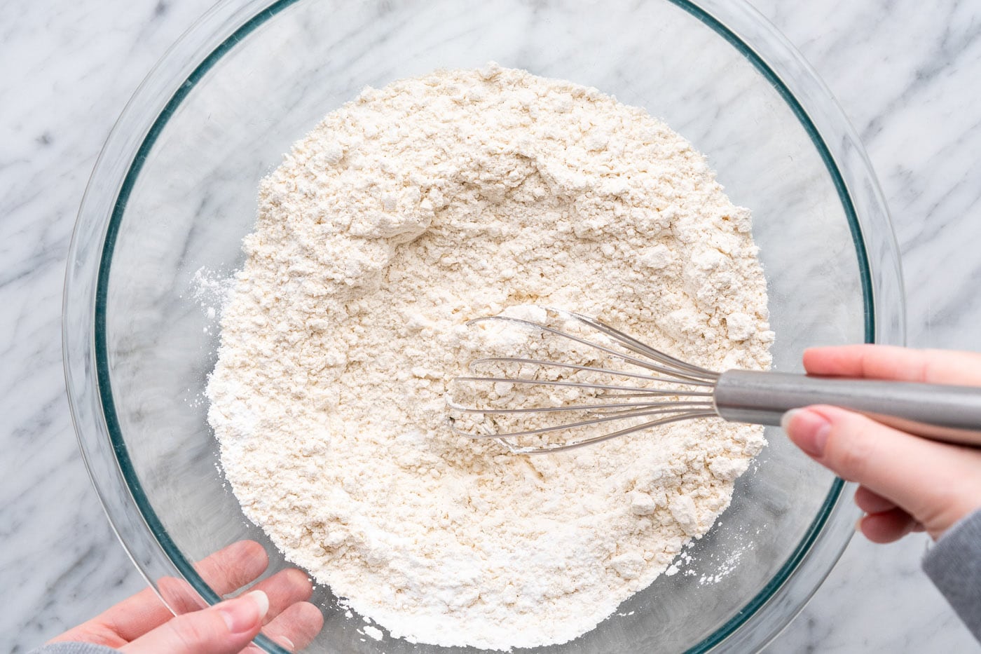 whisking flour, baking powder, baking soda, and salt in a large bowl