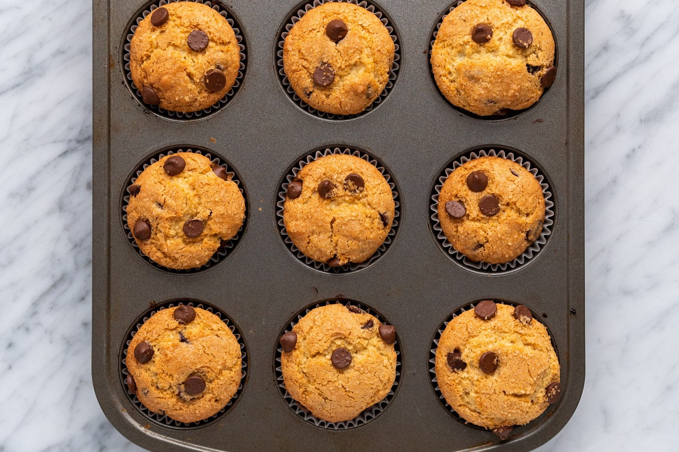 baked chocolate chip muffins in a pan