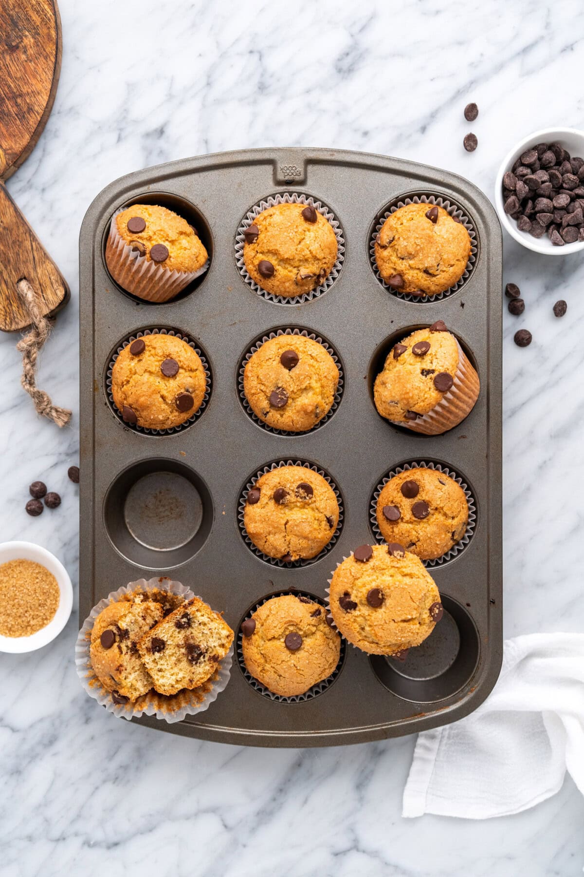 Muffin tin of Chocolate Chip Muffins