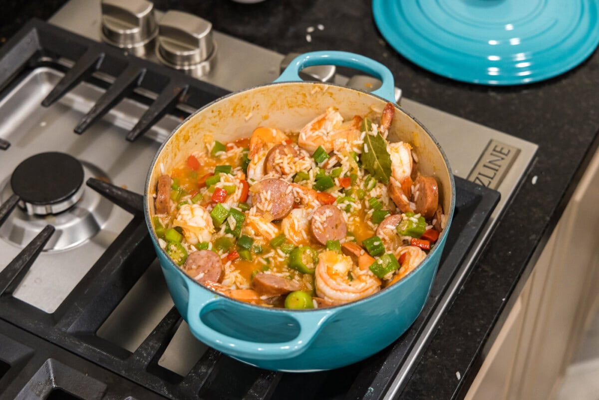mixed jambalaya in a dutch oven