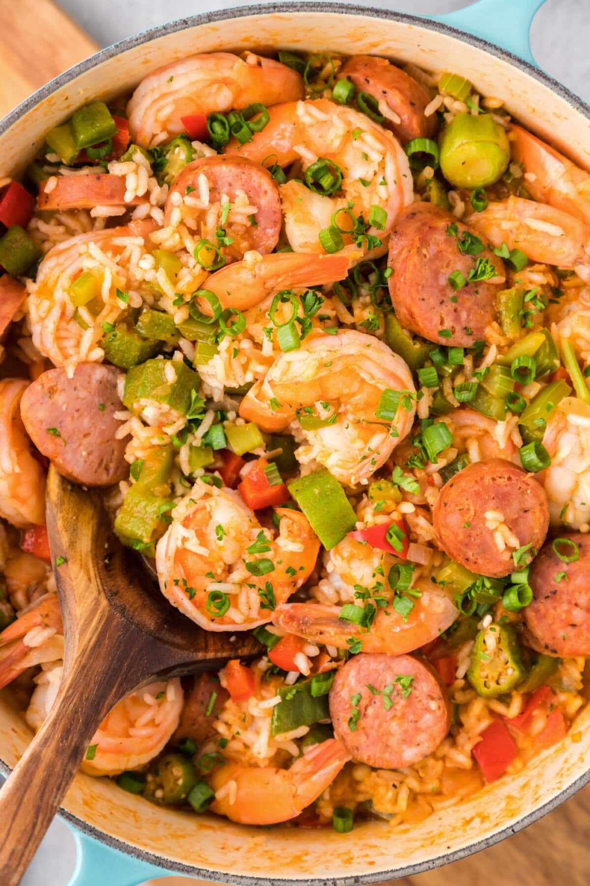 Pot of Jambalaya with a spoon in it