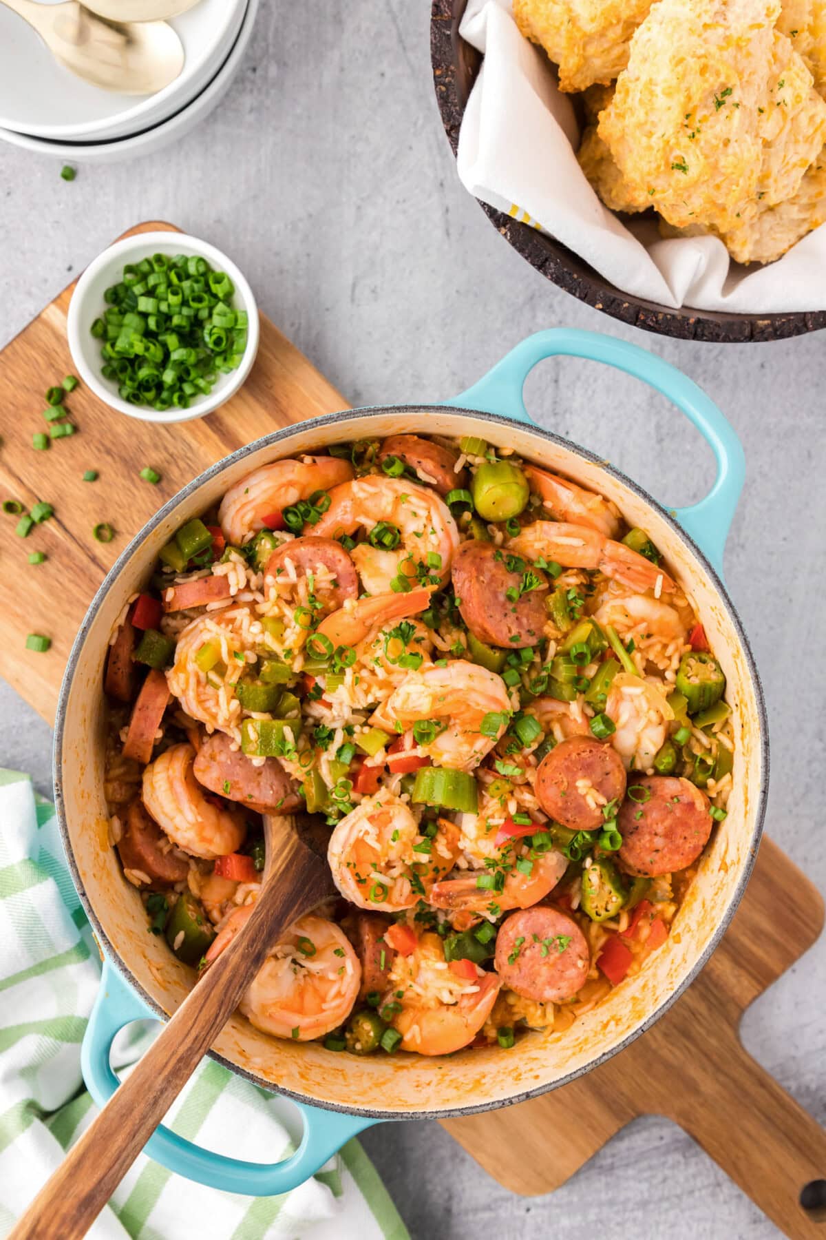 Overhead photo of a pot of Jambalaya