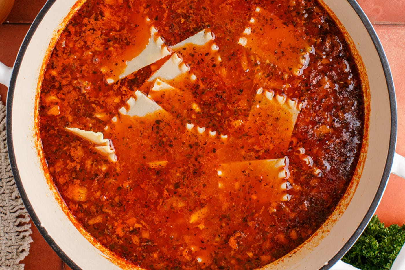 lasagna noodles added to soup pot