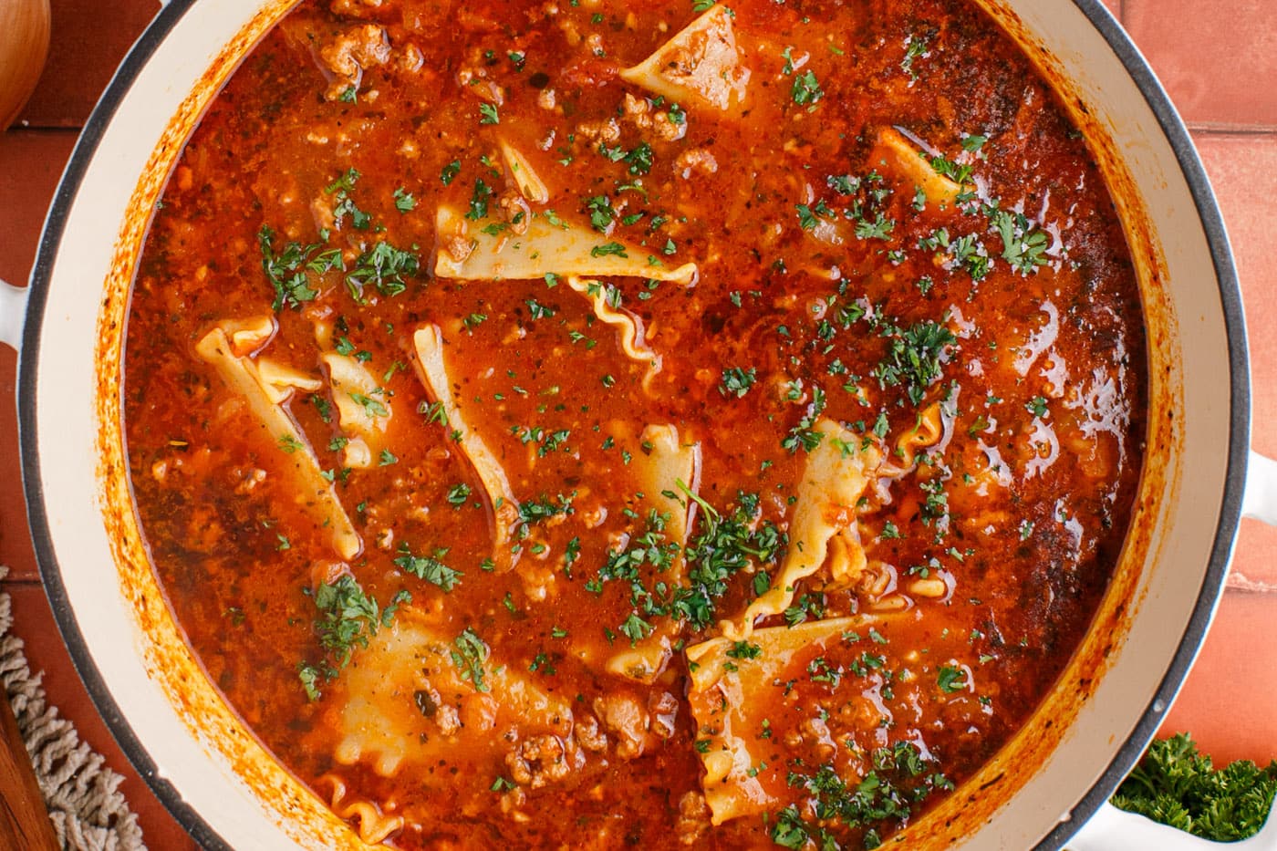 chopped parsley added to lasagna soup