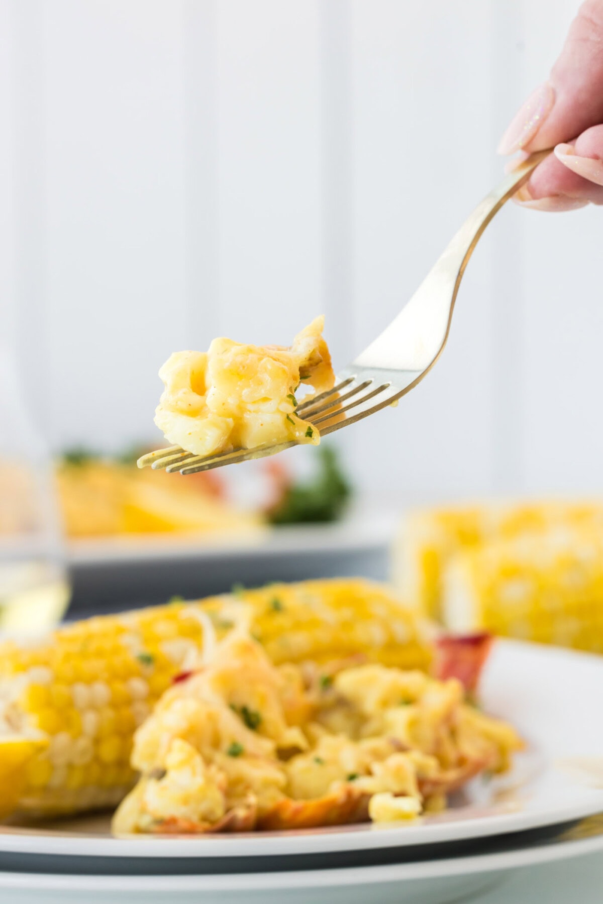 Close up of Lobster Thermidor on a fork