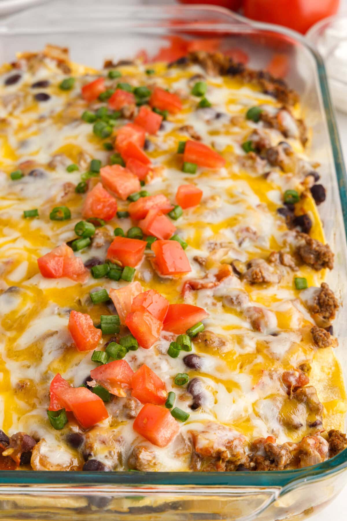 Close up of Mexican Lasagna in a pan