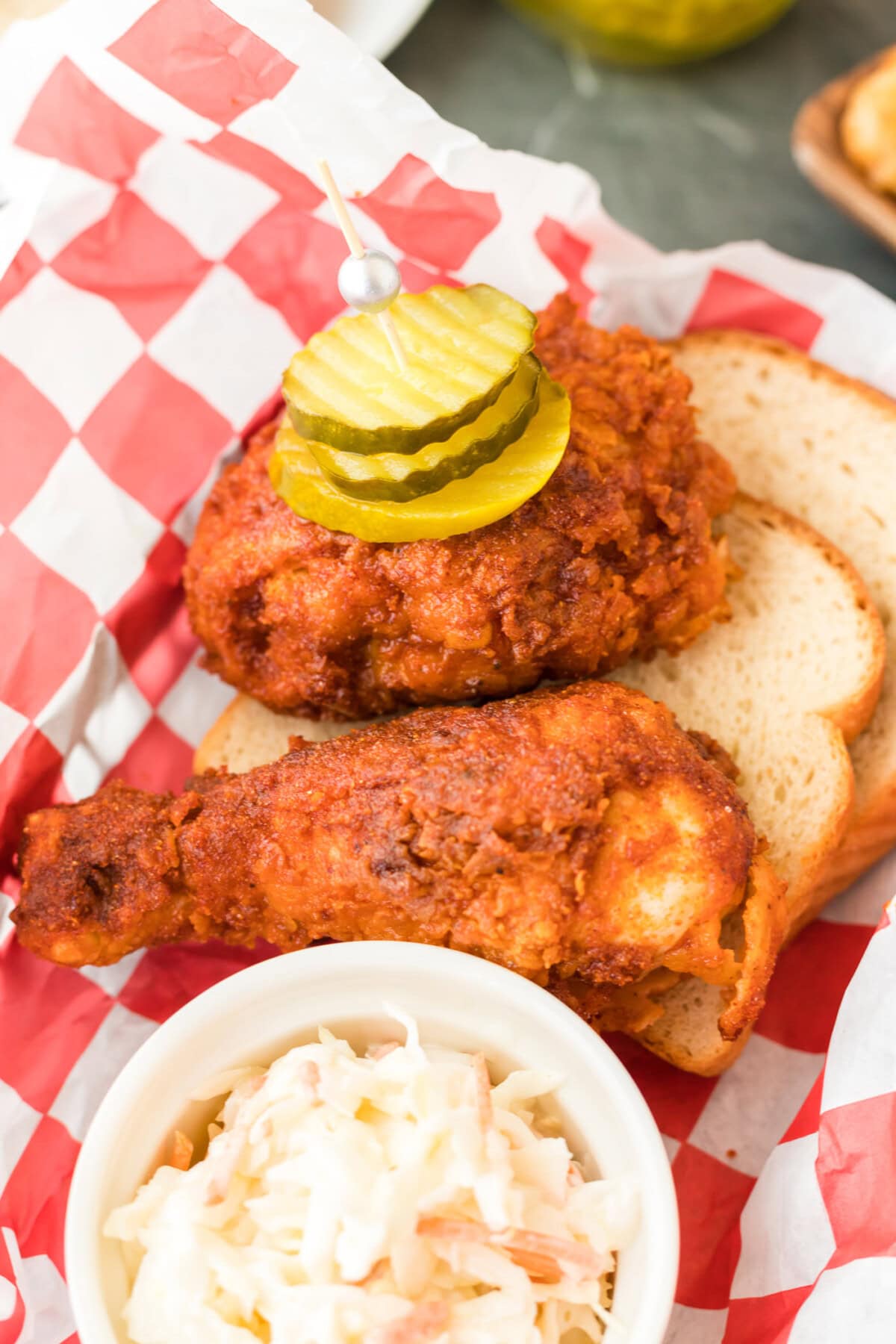 Basket of Nashville Hot Chicken with coleslaw
