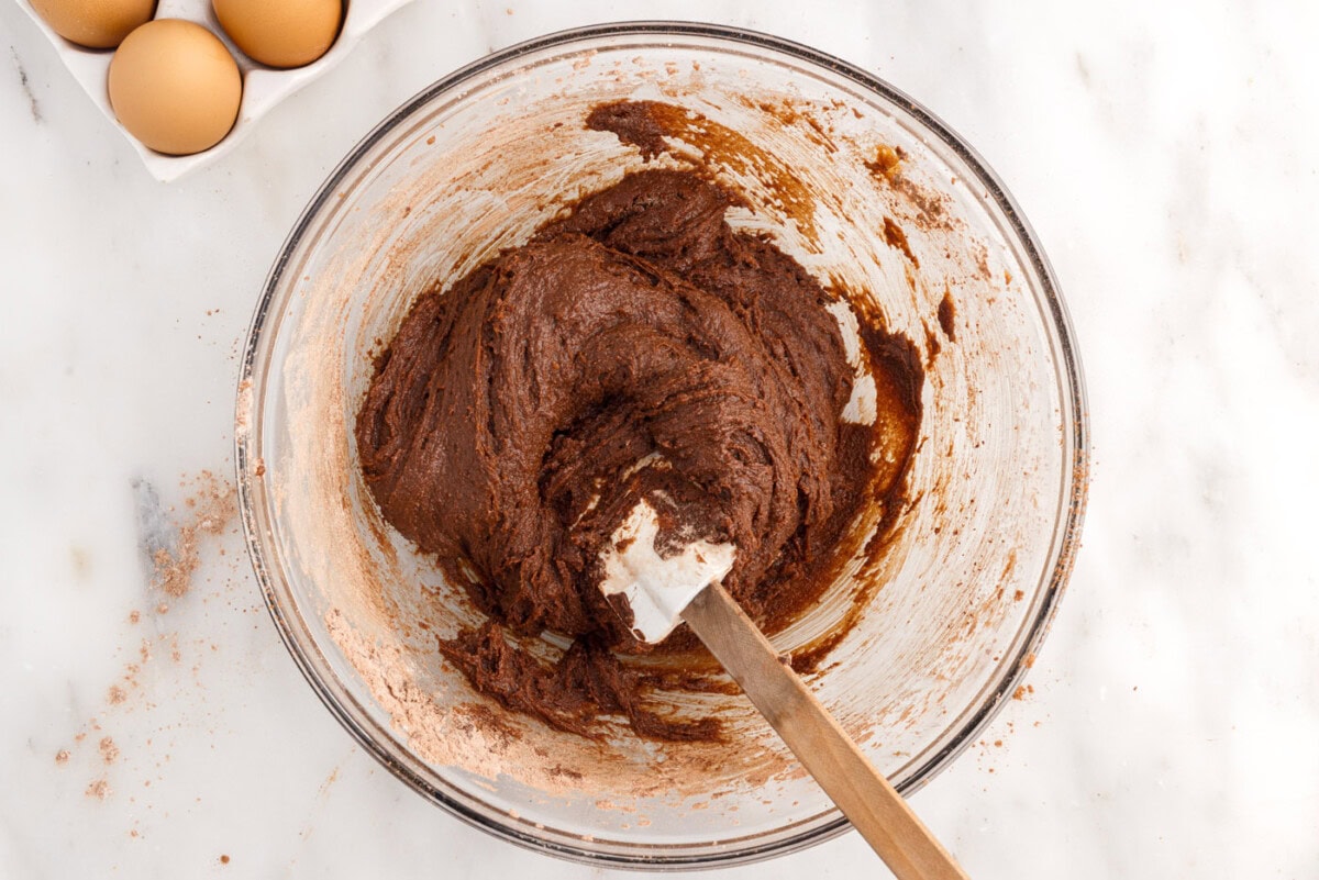 thick brownie batter in a mixing bowl