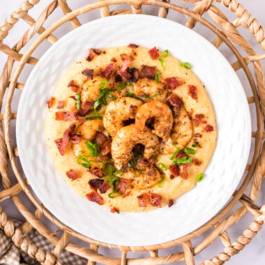 Overhead photo of a plate of Shrimp and Grits
