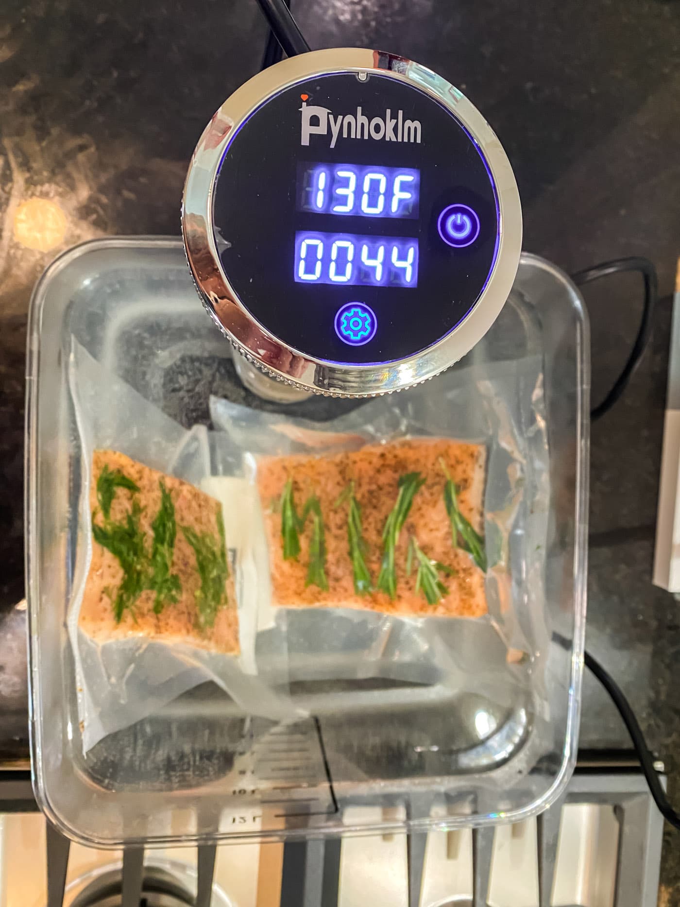 cooking salmon filets to 130F in sous vide container