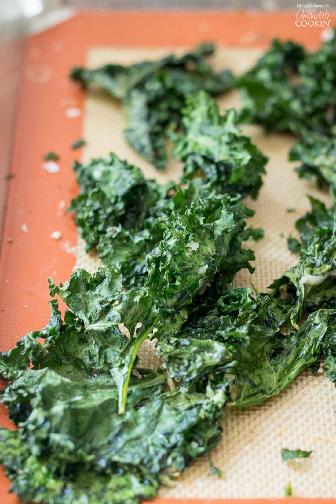 Close up of Kale Chips on a baking sheet